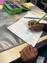 Kinderhände, die mit Bleistift eine Zeichnung über Familien malt.